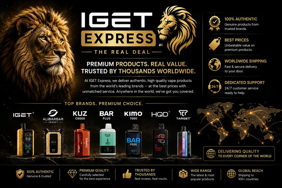 Iget express vape device with gold and black finish, featuring a sleek rectangular design.